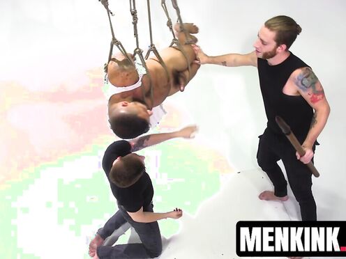 Sexy Jeremy Spreadumz TIED UP & prick stroked by two horny guys