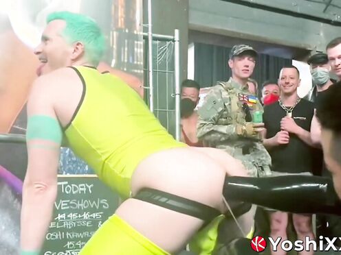 Axel Abysse endures while Yoshi Kawasaki uses heavy dildos to fuck him in fron