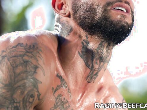 Tatted muscle men Danny Starr & Andre Bedford bareback hard