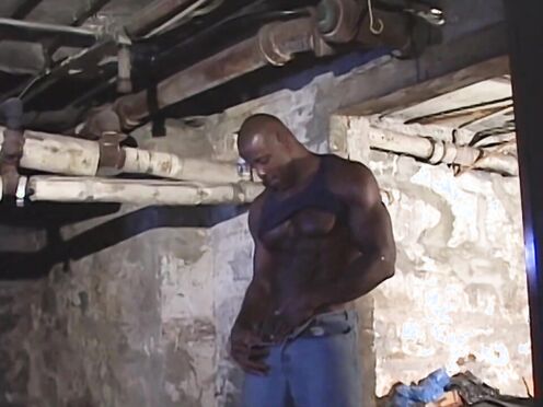 The big ebony dude jerks off in his secret haven at home the basement