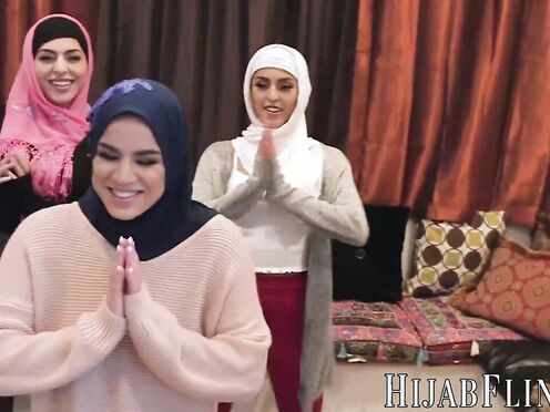 Arab girls Audrey Royal & Sophia Leone are sharing a huge black cock with Monica Sage