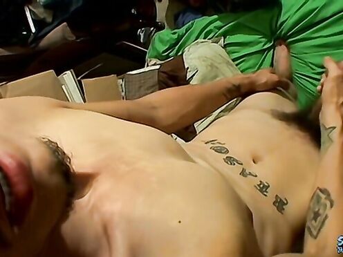 Inked twink Bentley pumps his dick with his eyes closed