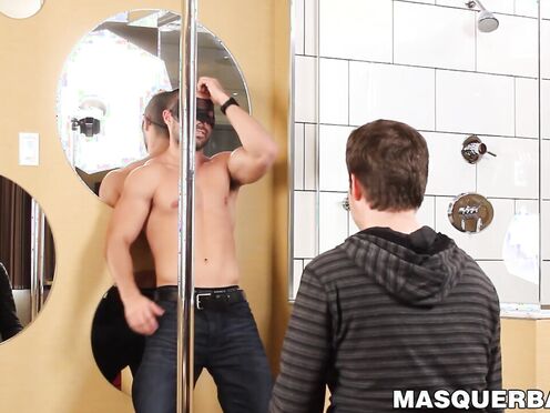 Bearded Alexandre dances on a pole before stroking his huge dick