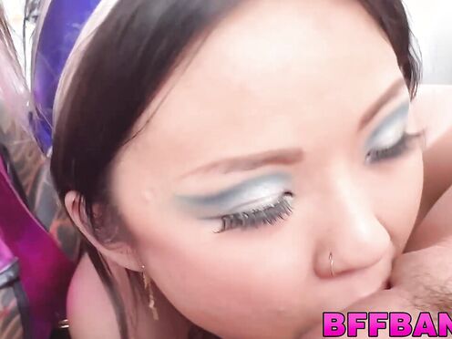 BFFs Lulu Chu & two more gals endure getting railed by a mature dude