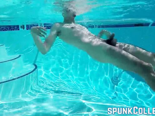 Bushy  man jerks off his big wet meat poolside