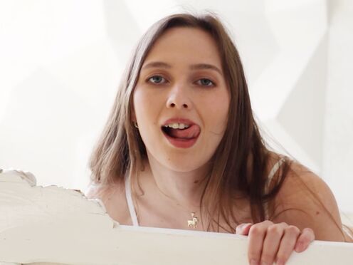 Beautiful natural tits brunette teen model Stacy Cruz posing all in white