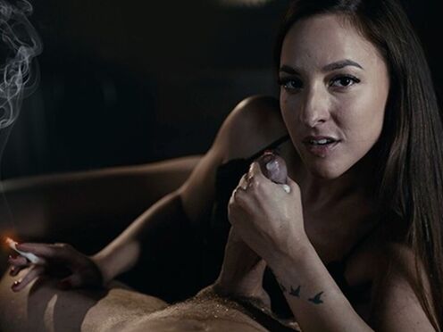 Smoking Fetish Amirah Adara Handjobs Big Hard Dick While She Smokes On It Femdom