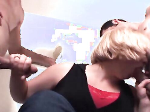 Chubby blonde beautiful babe spitroasted by three straight dudes