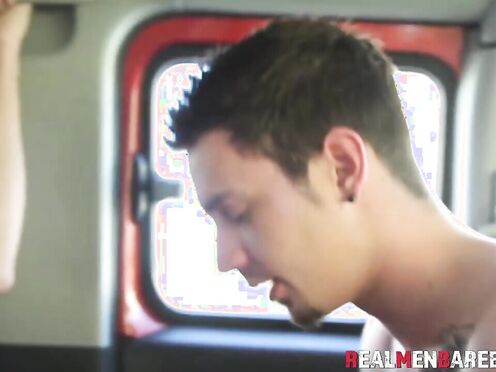 Real sex session with buff men practicing oral in car