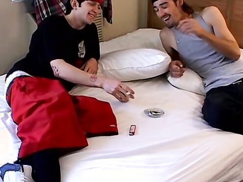 Big dick jacking while inhaling winston cig by skater buddies Ian Madrox & Dus