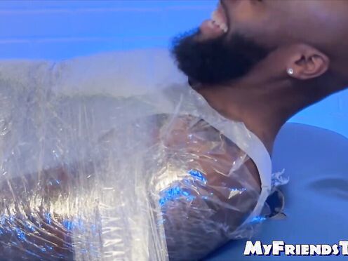 Shaved head Dallas was saran wrapped in a tickle torment by the master