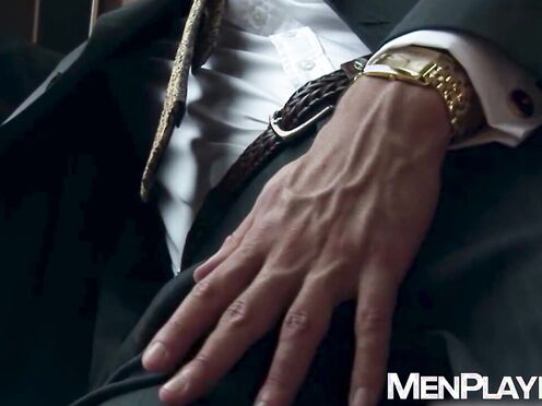 Straight suited Will Iden tugs his thick prick until he explodes