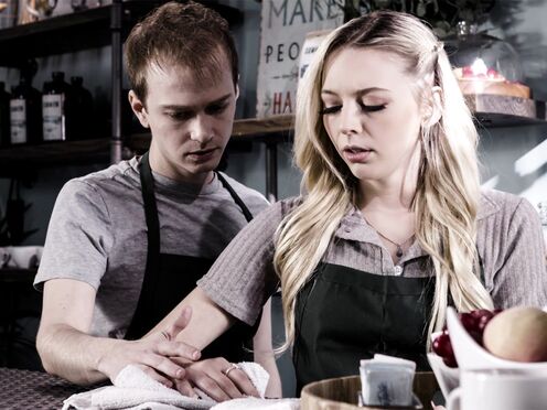 Petite blonde barista blows & fucks her cheating Boyfriend in the cafe