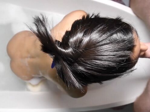 Flat chested Asian ladyboy teen bathtub washing & P-O-V blowjob