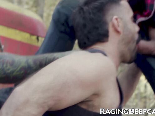 bushy hunk Teddy Torres takes cum from step daddy & friend