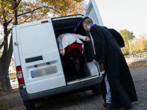 Confession Van Encounter: Priest Fucks Brunette Hard Until Cum on Her Tongue!
