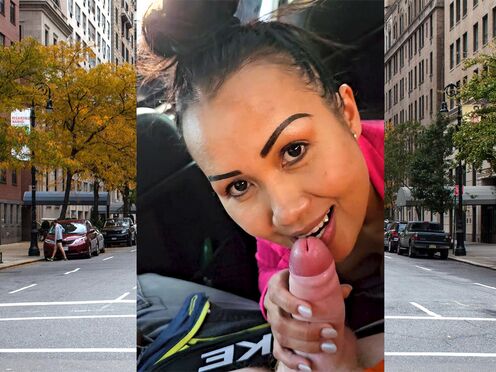 Public P-O-V blowjob in a car by horny & titty Asian MILF hoe