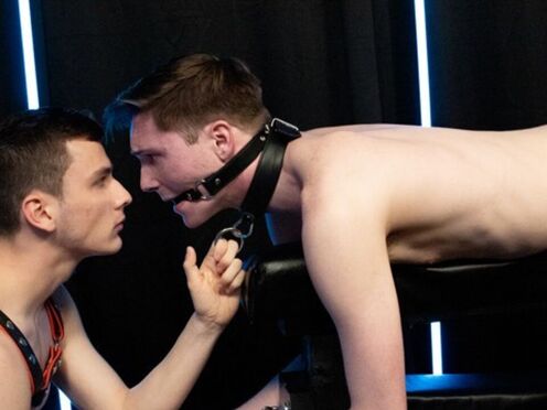 Bound Twinks - Handcuffed twink probed at both ends by dominator’s cock