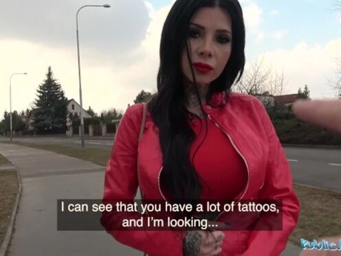 Outdoor Tatted Titfuck with Public Agent