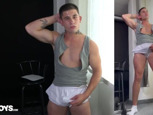 Twink muscle bulk boy flexing with boner