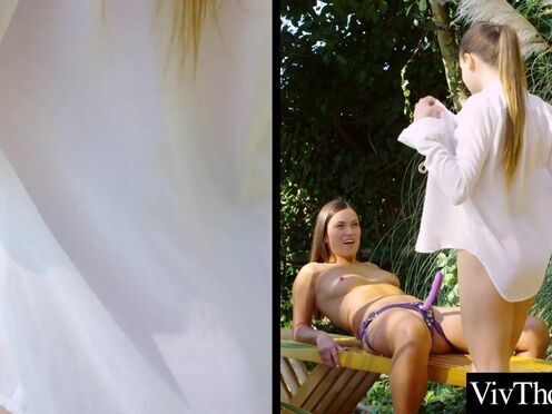Satisfying lesbo girls expertly make each other cum by using a strap on