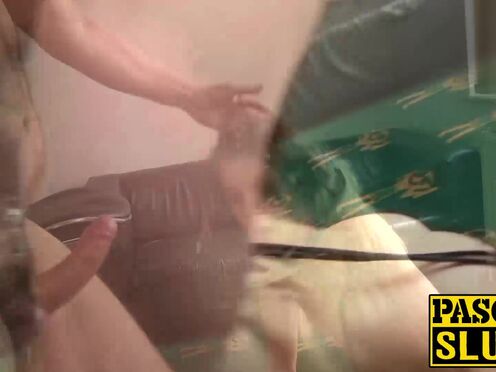 Petite British sub swallowing cum after rough dom treatment