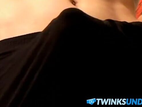 Skinny young twink jerks off his dick & cums in undies