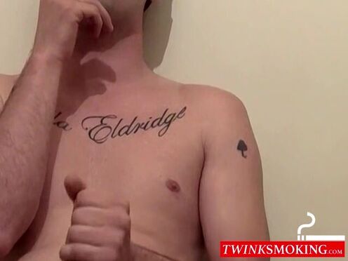 Tatted handsome guy loves to touch himself while smoking