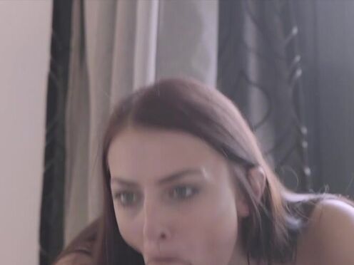 Tantalizing glam babe fucks in red stockings & eats cum