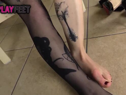 Barefoot devil cosplayer takes stockings off & teases you