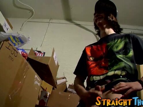 Skinny straight twinks jerk off together & cum on food