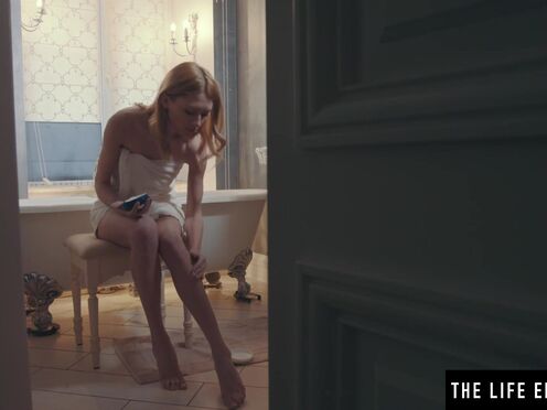 Beautiful blonde model massages her feet & then her bare beaver