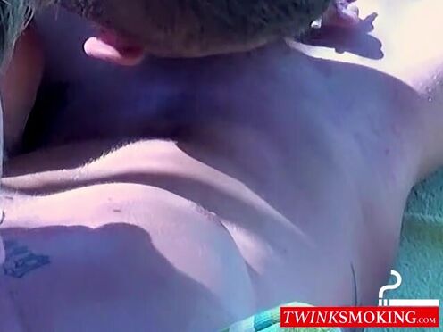 Chilling & smoking twinks engage to outdoor bareback fuck