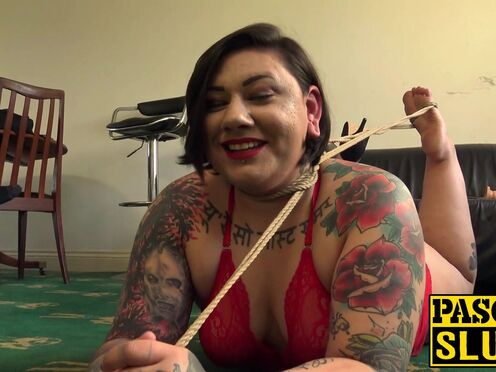 Chubby English subslut toying her cunt with a beer bottle