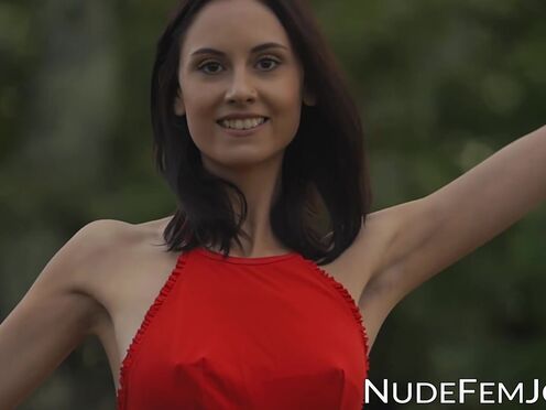 Joyful brunette outdoor cunt teasing